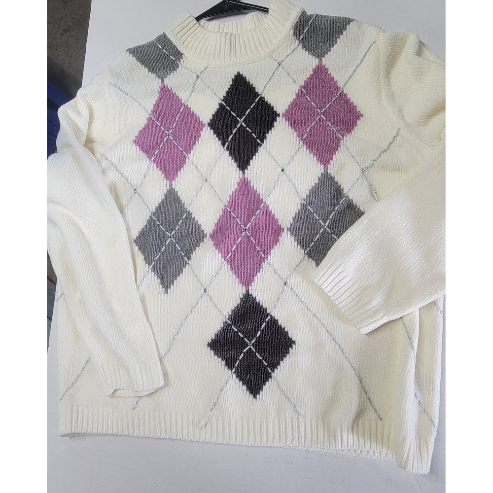 Alfred Dunner Womens XL Argyle Chenille Sweater‎ White Pink Grey Rhinestone Mock